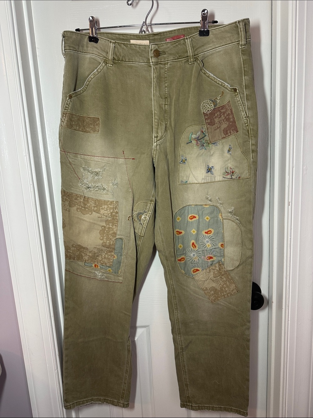 Pilcro Straight-Leg Jeans in Olive Green with Patchwork